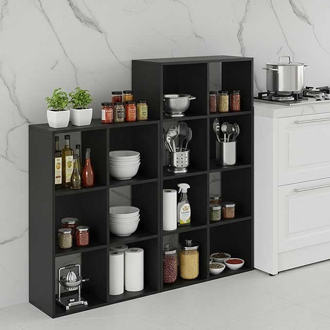 6-Cube Storage Organizer, Black Bookshelf with Open Compartments for Home Office, Modern Bookcase Display Shelf for Living Room, Bedroom & Entryway