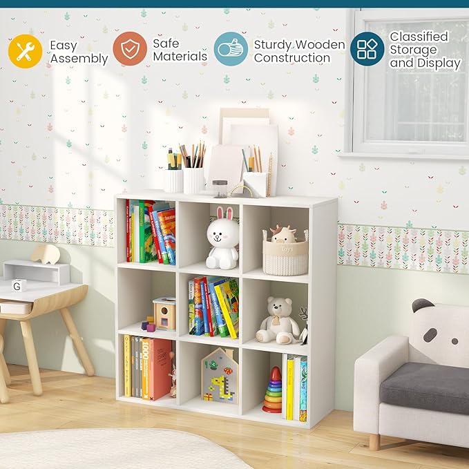 Costzon 9-Cube Toy Storage Organizer, 4-Tier Wooden Bookcase for Books and Toys Storage, Book Shelf for Kids Rooms, Playroom, Living Room, Nursery