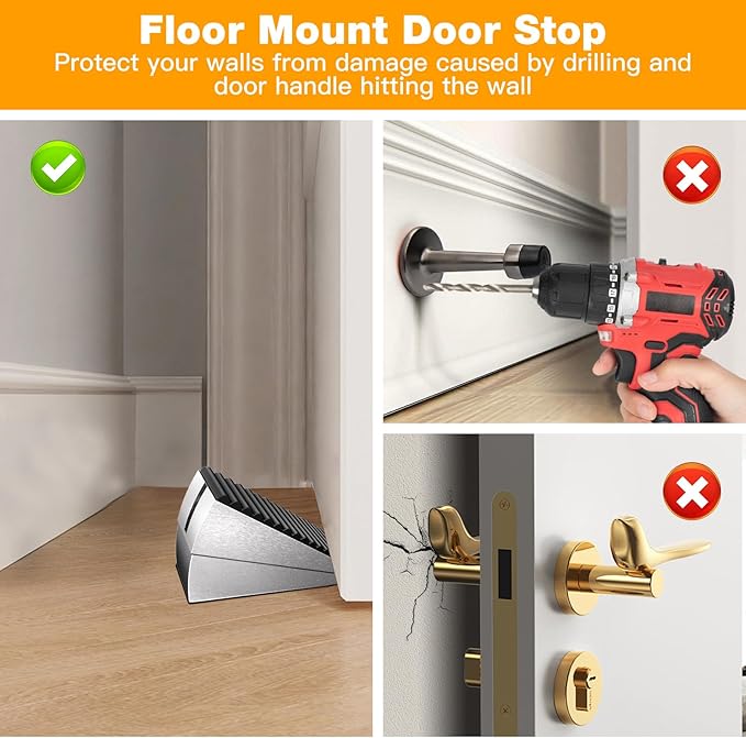 4 Pack Heavy Duty Metal Door Stop, Strongest Large Adjustable Spring Door Stopper Up to 3 inch Tall, Door Stoppers for Bottom of Door, Silver Rubber Door Wedge for Any Heavy Doors