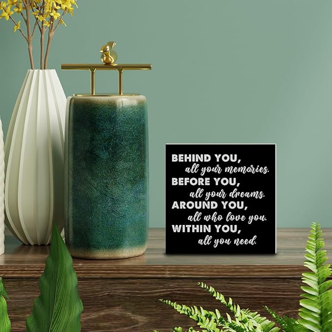 Graduation Quote Wood Box Sign Decor Desk Sign Positive Behind You All Your Memories Wooden Box Black Sign Rustic Home Shelf Wall Decoration Grad Gift (black)