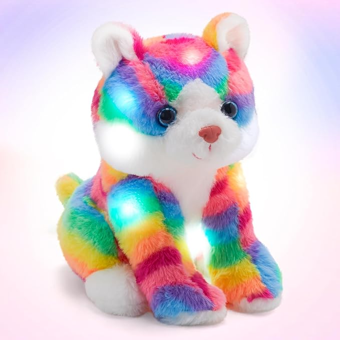 Glow Guards Light up Rainbow Cat Stuffed Animal Soft Kitty Plush Toy with LED Night Light Christmas Children's Day Birthday Gifts for Toddlers Kids Boys and Girls Children, 13''