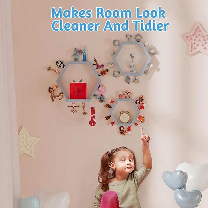 Hexagon Tonies Shelf Magnetic - Tonies Storage Shelf Set of 3 for Kid Room, Wooden Magnetic Display Shelf for TonieBox Holder, Wall Floating Shelves Toy Storage Compatible with Tony Accessories(Grey)