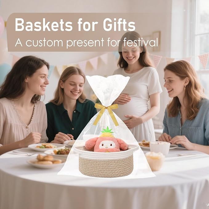 JMvicyroam Woven Basket,Small Rope Storage Bin with Handles & Ribbon Bag, Organizer for Shelves Closets,Gift Basket Empty for Birthday,Books,Dog Toys, White&Brown Block/2 Pack