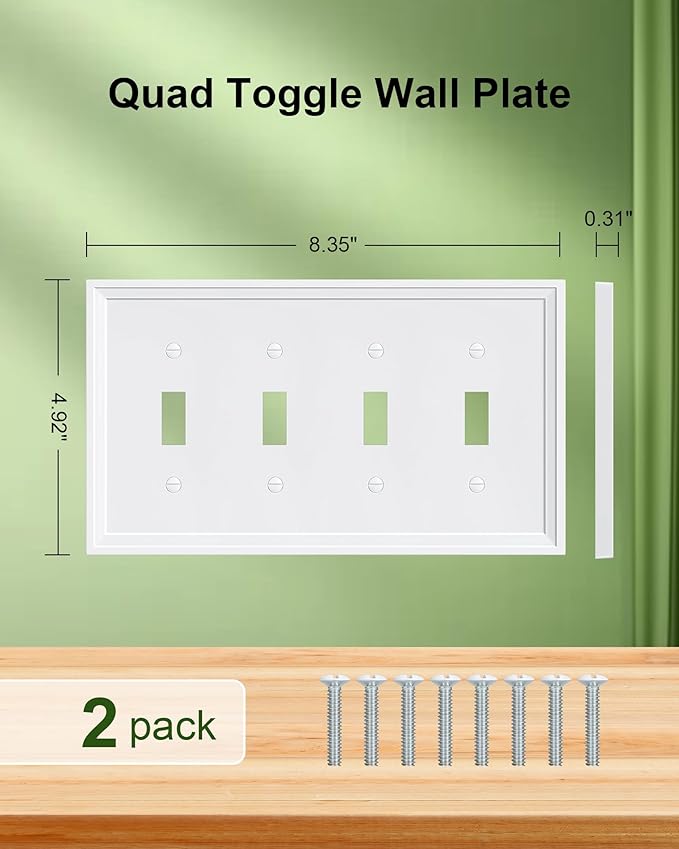 2-Pack Quad Toggle Light Switch Cover Plate, White Decorative Switch Plate Covers, Natural Bamboo Fiber 4 Gang Wall Plate, Corrosion Resistant
