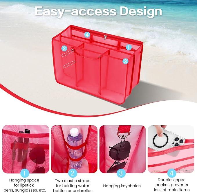XYFuuee Beach Bag Organizer Inserts for Baby Medium Bogg Bag Accessories with 8 Removable Metal Fasteners, Lightweight Mesh Insert Divider Pouch, Organizing Rubber Tote, Save Storage Space, Red M