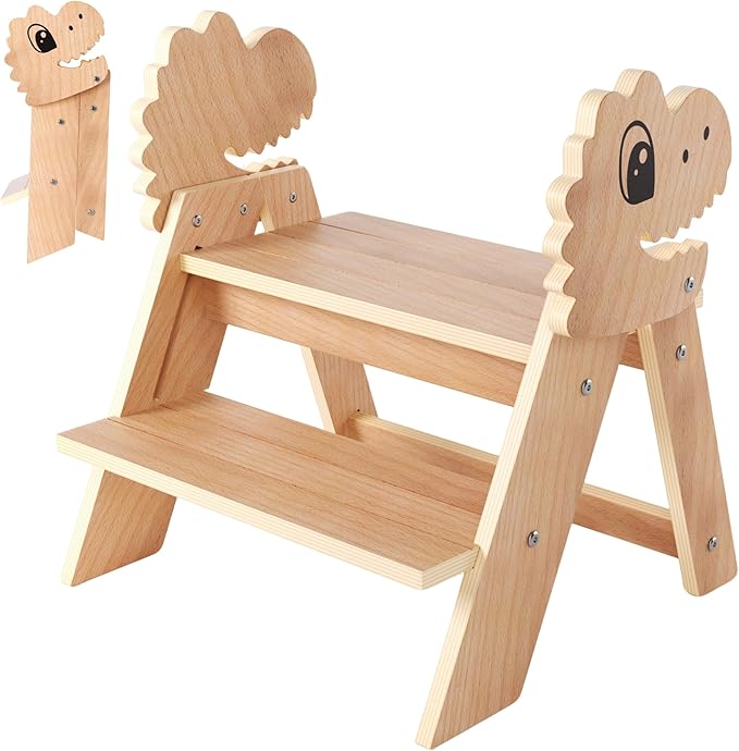 Novarieth Beech Wooden Toddler Step Stool, 2-Step Foldable Stool for Kids with Non-Slip Surface, Baby Bathroom Stool for Potty Training, Bathroom Sink, Kitchen Counter with Cute Dinosaur Design