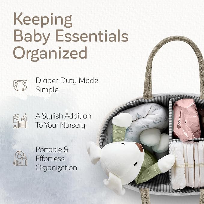 KiddyCare Baby Diaper Caddy Organizer, Cotton Nursery Baby Gift Basket with Handle Lid Baby Caddy Organizer, Portable Baby Basket Diapers & Wipes, Basket for Moms, Wheat Field - Large