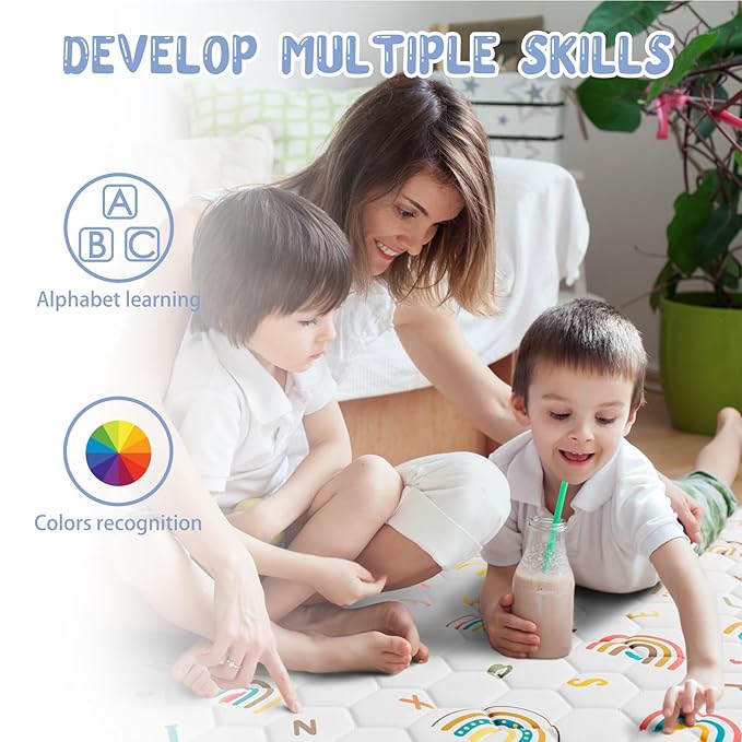 Boho Rainbow Baby Play Mat 71" X 59" Non-Slip Cushioned Baby Crawling Mat Letter Playmats, Kids Play Mats Pad for Floor Play Pen Infants Tummy Time Activity (White)
