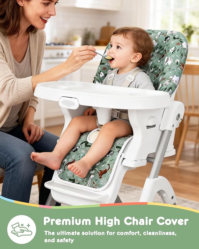 Baby High Chair Cover Replacement, Reversible & Waterproof High Chair Cushion Pad Home & Restaurant use, Includes 5-Point Harness Strap, Chair Not Included (Dark Green)