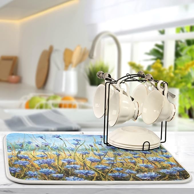 Absorbent Dish Drying Mat for Kitchen Counter - Oil Painting Flowers Microfiber Drying Pad, Reversible Drainer Mats for Countertop, Large 18" x 24"