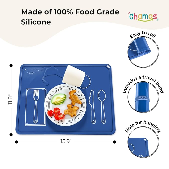 CHAMOS Montessori Placemat for Toddlers - Kids Silicone Mats for Dining Table - Set of 2 - Table Setting Learning (Sapphire and Beige)