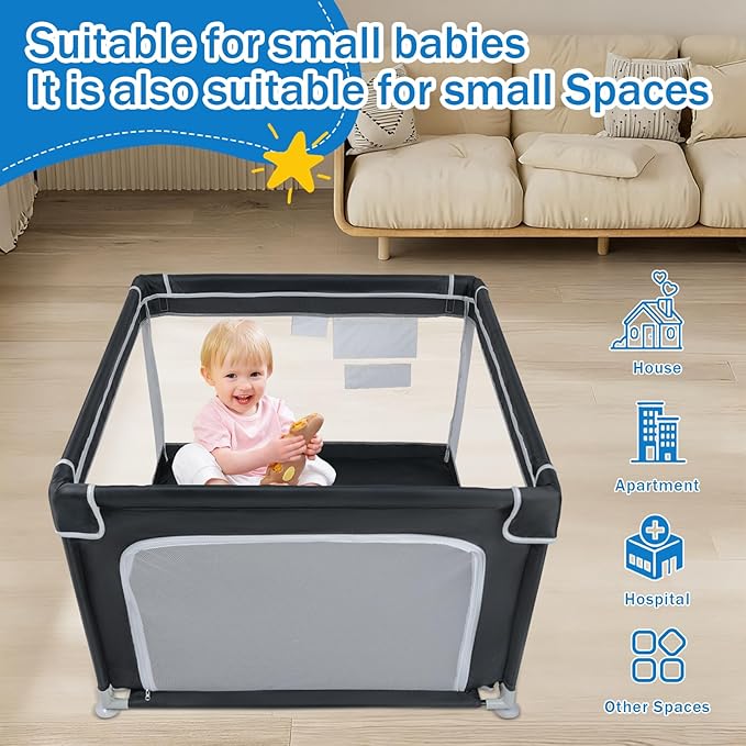 Baby Playpen for Babies and Toddlers,Small Baby Fence Floor Yard,Soft Breathable Mesh, Anti-Slip Base, Mini Play Yard with Pull-Up Ring Safe Anti-Fall Play Yard with Gates,36"X36"in