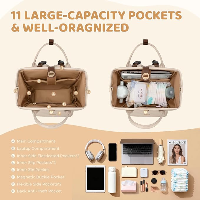 GOLF QUALITY Diaper Bag Backpack,Multi Function Water Resistant Diaper Bag With Hook,Casual Hanging diaper bag for mom,16 Inch,Apricot