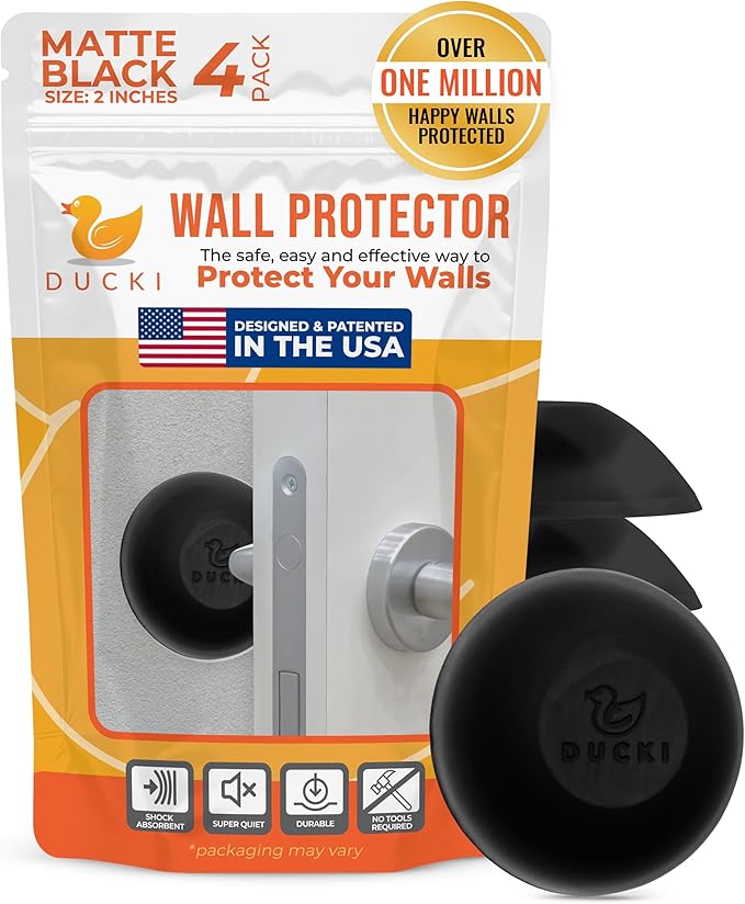 Ducki Wall Protectors - 4 Matte Black- Self Adhesive, Reusable Solution for Stopping Wall Damage & Noise from Doors, Refrigerator & More in Your Home & Office - Durable, Shock Absorbent, Discreet
