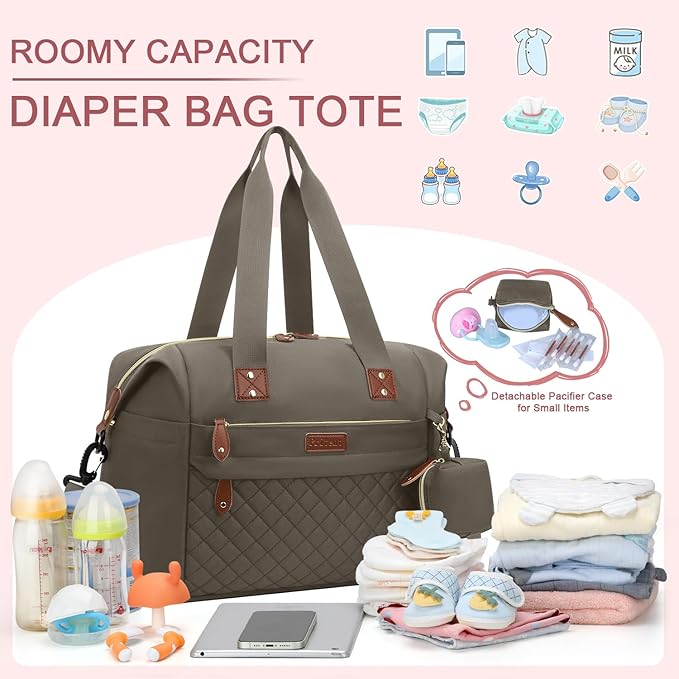 Pritent Diaper Bag Tote, Diaper Baby Bags with Pacifier Case, Shoulder Straps, Stroller Clips, Waterproof Large Mommy Maternity Travel Baby Bag for Mom and Dad, khaki, Medium