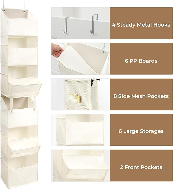 GRANNY SAYS Over The Door Organizer, 6-Shelf Detachable Behind The Door Storage with 8 Pockets, Waterproof Anti Tilt 40lb Large Capacity Hanging Organizer for Nursery, Kids Room, Bedroom, Beige