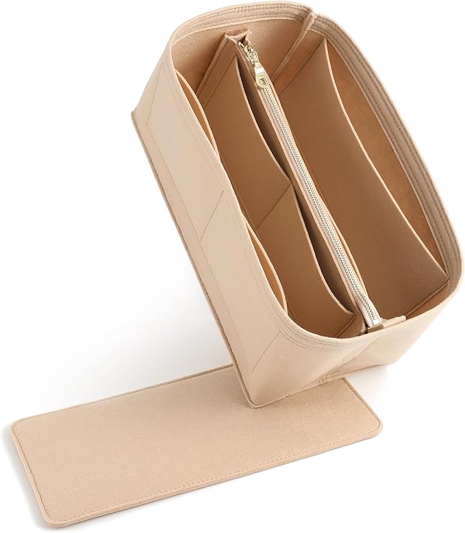 Doxo Large Felt Purse Organizer Insert - 10 Compartments with Removable Zipper | Bag Organizer Insert Fits LV Speedy 35, LV Neverfull GM & More for Women Handbag Tote Bag (Beige)