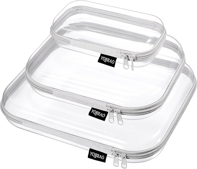 YQBRAO 3-Pack Clear Hard Shell Zipper Case Gray, 1.2mm Heavy-Duty Crush-Proof Travel Makeup Bag, Multi-Size (L+M+S) Diaper Bag Organizer Pouches, Rigid Clear Zipper Pouches for Tech, Toys & Home