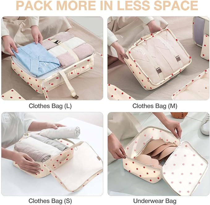 8 Set Packing Cubes for Suitcases,Suitcase Organizer with Shoe,Cosmetics,Clothing, and Accessories Bags for Travel Luggage Organizer Women Men(Beige Small Strawberry)