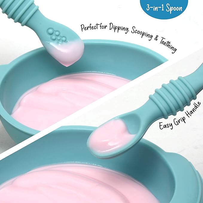 PrimaStella Unbreakable Silicone Non-Slip Bowl and Chew Spoon Set for Babies and Toddlers (Blue)