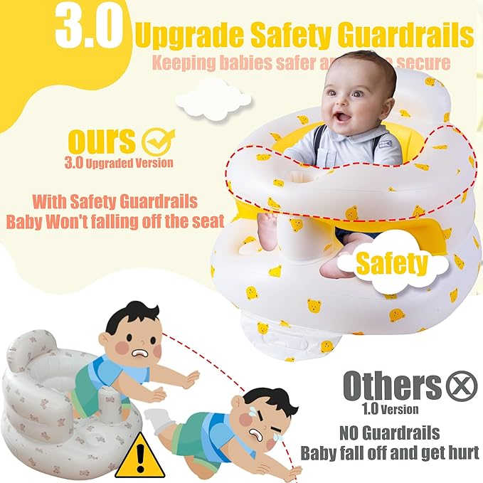 Upgraded Inflatable Baby Seat for Babies 3-36 Months, Inflatable Baby Chair Sit Me Up Floor Seat for Baby, Back Support Baby Seats for Infants for Sitting Up with Built in Air Pump (Yellow Bear)