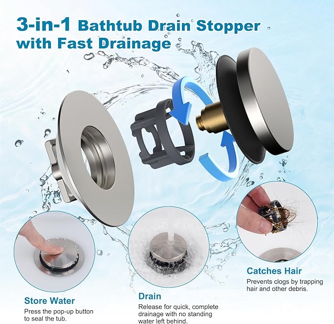 Hibbent 2 Pack 3 in 1 Metal Bathtub Drain Stopper, Universal Pop Up Tub Stopper with Removable Filter Basket, Bathtub Hair Catcher for 1.5''~2.4'' Drain, Brass Bullet Core, Brushed Nickel