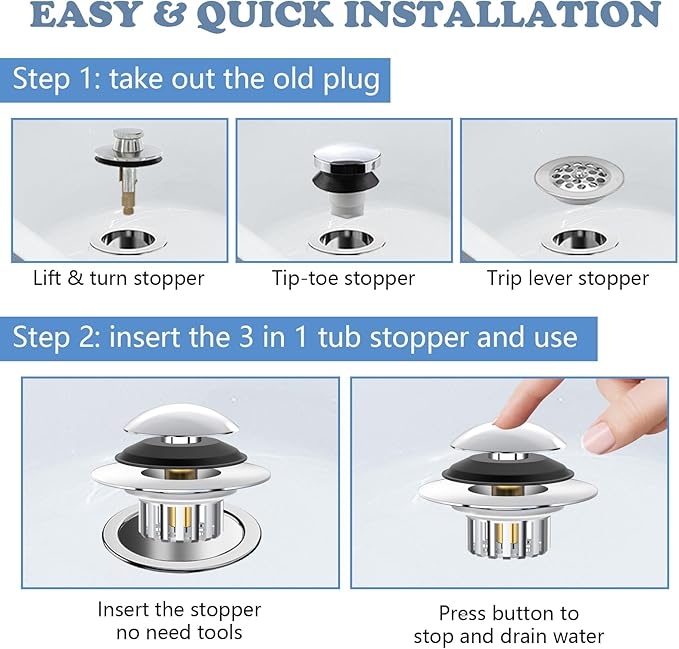 Universal 3 in 1 Bathtub Drain Stopper Bathtub Drain Hair Catcher, Pop-up Tub Stopper with Effective Filter Basket, Anti-Clogging Bathtub Drain Plug Bath Tub Stoppers for 1.45-1.8" Drain Shoe
