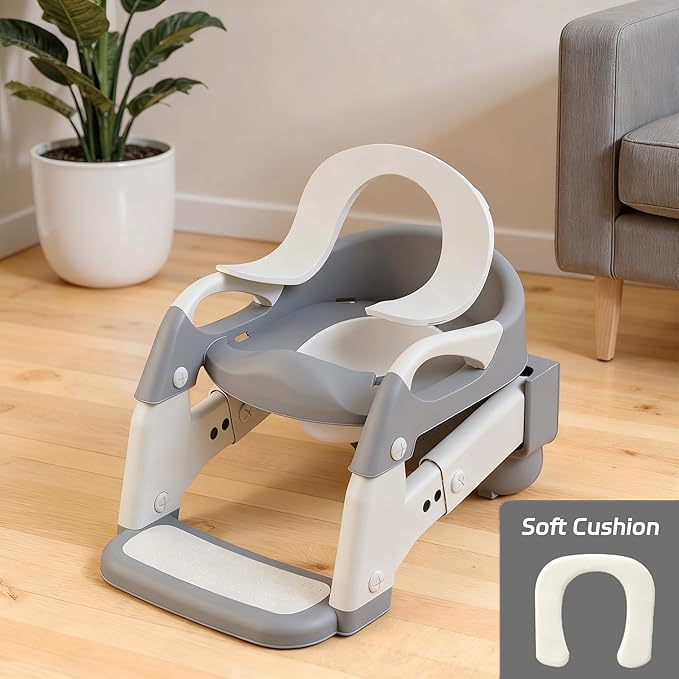 Snugzy Toddler Potty Training Seat 3-in-1 Foldable Potty Training Toilet with Step Stool Adjustable Potty Chair with Urinals (Grey)