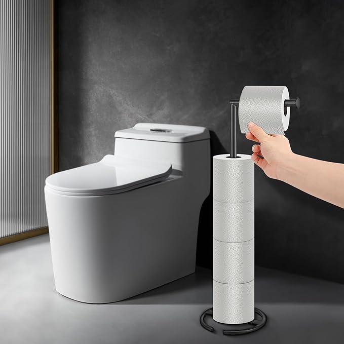 NearMoon Bath Toilet Paper Holder Stand- Modern Tissue Roll Holder Standing with Balanced Base, Rustproof Toilet Roll Holder for Bathroom/Kitchen Countertop (Matte Black, Metal Base)