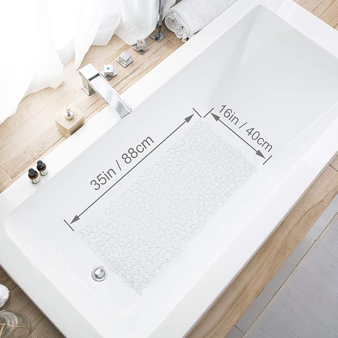 Bath Tub and Shower Mats, Non-Slip Pebble 35 x 16 Inches Machine Washable Bathtub Mat with Drain Holes, Suction Cups for Bathroom (Clear)