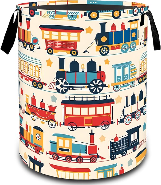VODRM Retro Colorful Train Laundry Basket, Dirty Collapsible Clothes Toy Organizer Hamper for Kids Adults, Oxford Cloth Waterproof Storage Bin for Bedroom Bathroom Home Decor Gifts, 19.7"X15.7"