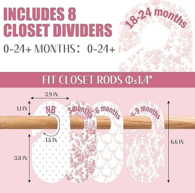 8 Pcs Pink Baby Closet Dividers Double-sided Bow Baby Girl Clothes Closet Hanger Dividers Wardrobe Organizer Coquette Preppy Nursery Decor for Sorting 8 Sizes from Newborn to 24+ Months