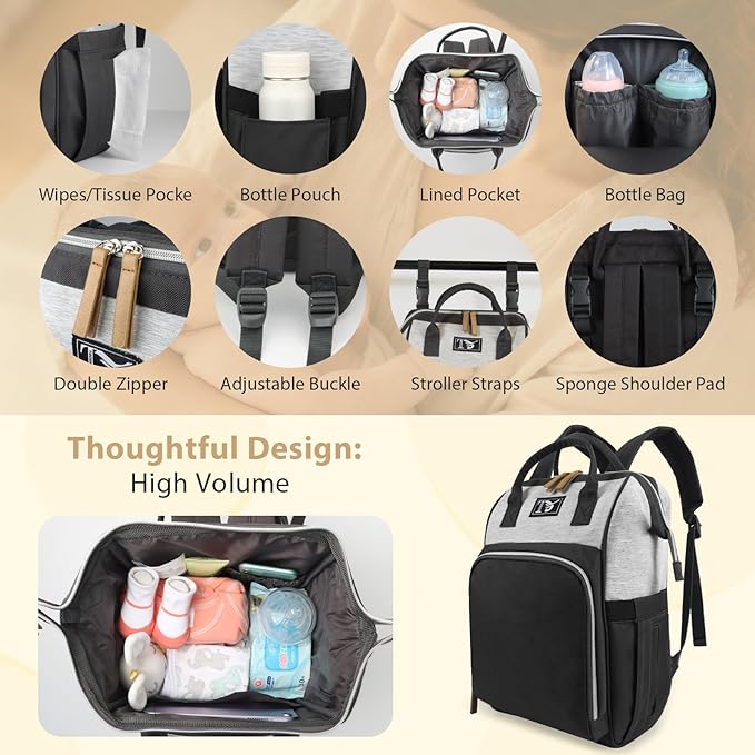 Packino Diaper Bag Backpack for Women - Multifunction Travel Essentials Baby Diaper Bag with Changing Pad, Large Backpack Baby Girl Boy, Insulated Bottle Holders & Stroller Straps (Black+Gray)