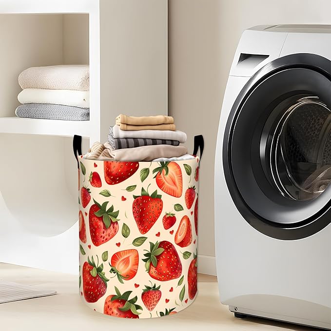 Fresh Strawberry Green Leaves Hearts Laundry Basket with Handles, 19.7"x15.7" Clothes Foldable Laundry Hamper Organizer for Dorm Nursery Bedroom Bathroom Decor, Toy Storage Bin for Kids