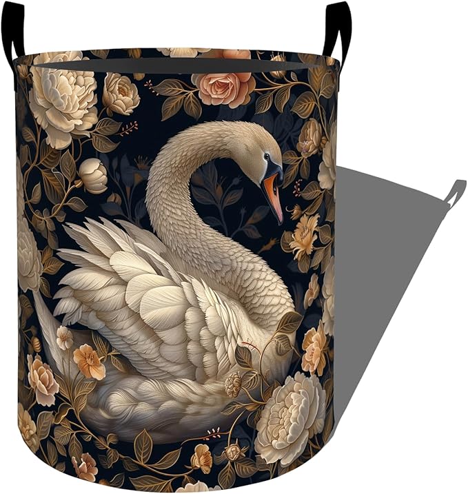 Elegant Swan with Blooming Roses Flowers Laundry Basket with Handles, 19.7"x15.7" Clothes Foldable Laundry Hamper Organizer for Dorm Nursery Bedroom Bathroom Decor, Toy Storage Bin for Kids
