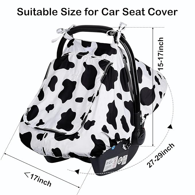 FIOBEE Baby Car Seat Cover, Car Seat Covers for Babies Infant Car Seat Canopy with Breathable Mesh Window Waterproof Carseat Cover for Babies Boy Girl 4 Seasons, White/Cow