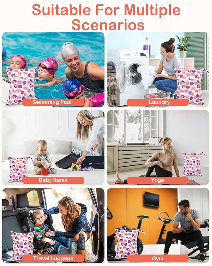 ALVABABY 3pcs Cloth Diaper Wet Dry Bags Waterproof Reusable with Two Zippered Pockets Travel Beach Pool Daycare Soiled Baby Items Yoga Gym Bag for Swimsuits or Wet Clothes 3L-ZM37