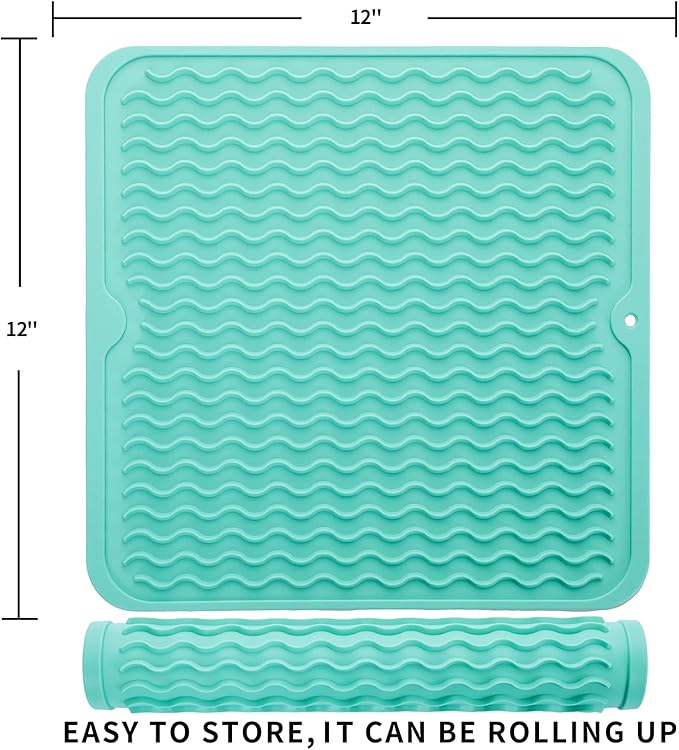 MicoYang Silicone Dish Drying Mat for Multiple Usage,Easy clean,Eco-friendly,Heat-resistant Silicone Mat for Kitchen Counter or Sink,Refrigerator or Drawer liner Mint M 12 inches x 12 inches