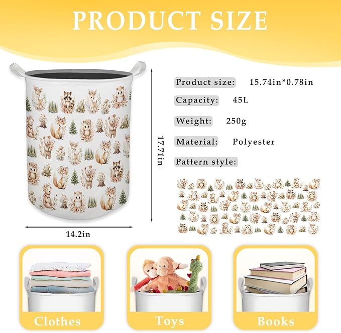 HKTZM Kids Nursery Laundry Basket, Toybox for Girls Boys, Cute Boho Woodland Animals Laundry Hamper Waterproof Collapsible Storage Bin Organizer for Bedroom Bathroom Kids Toddler Room Clothes Toys