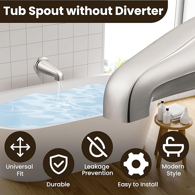 Dreyoo Tub Spout (Universal Fits 1/2" Copper Pipe, 1/2" IPS and 3/4" IPS), Bathroom Bathtub Faucet with Adapters and Hex Wrench(Brushed Nickel,Without Diverter)