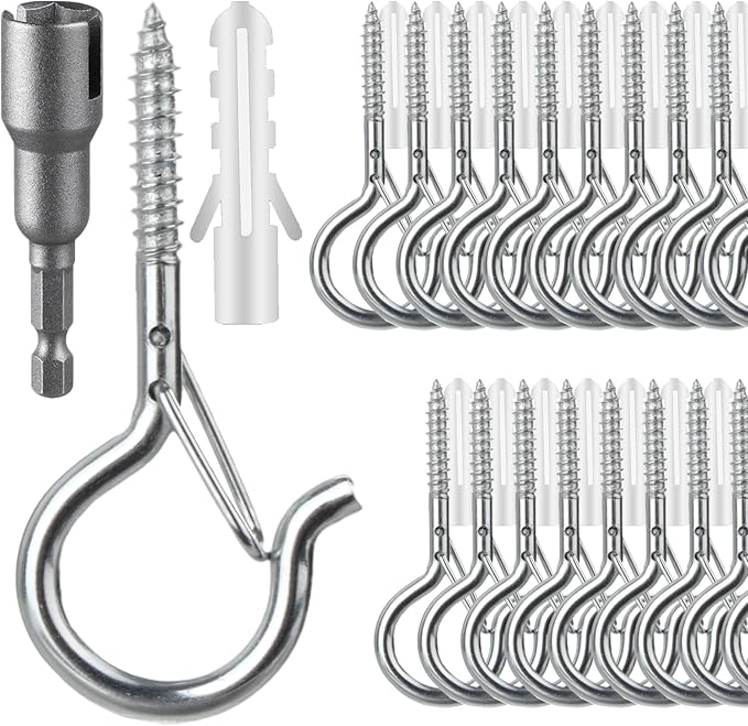 FSAH 36 PCS Q-Hanger Hooks, Screw Hooks for Outdoor String Lights, Safety Buckle Design Cup Eye Hook for Hanging Christmas Lights, Plants, Mounted on Wall Ceiling, Include 1 Wing Nut Driver, Silver