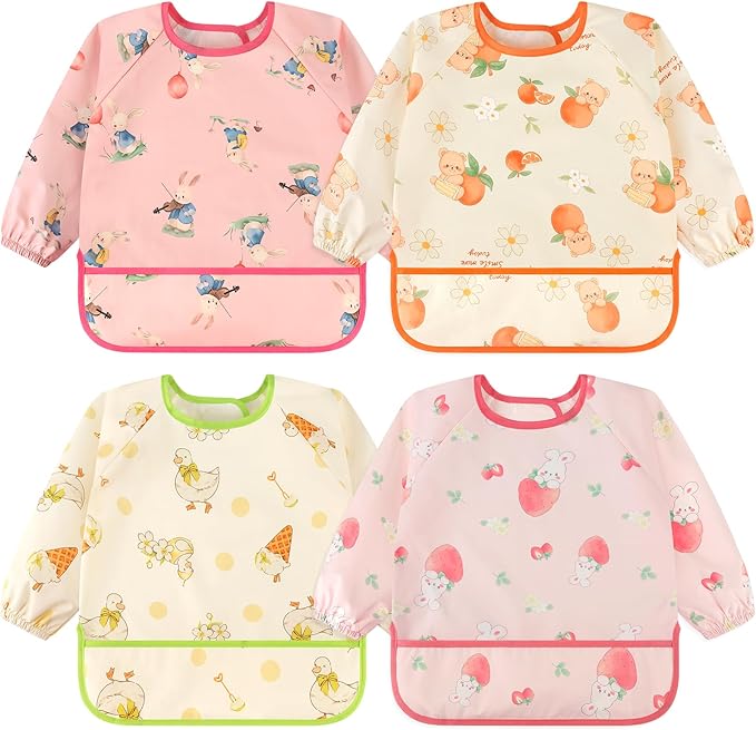 Accmor 4 Pack Long Sleeve Bibs, Baby Smock Waterproof Sleeved Bib Smock for Baby Toddler 6-36 Months