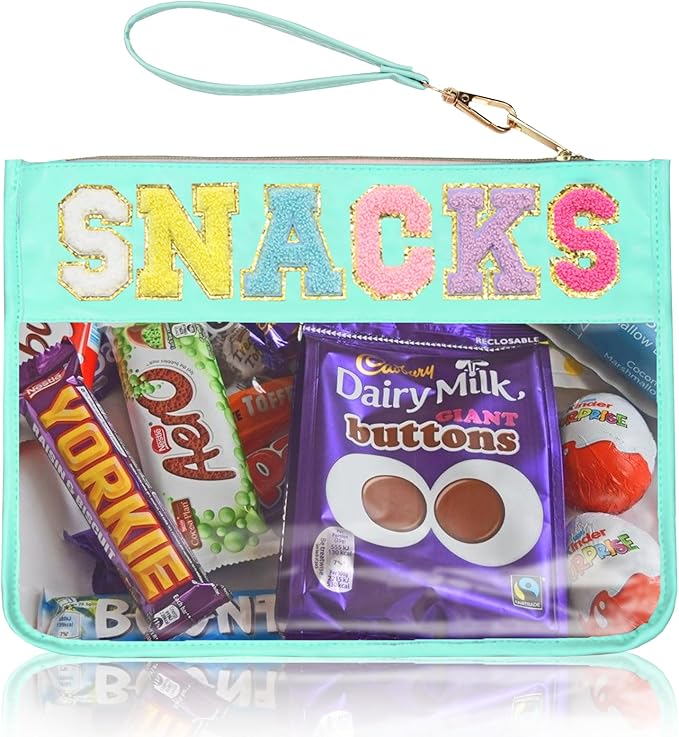 Chenille Letter Clear Zipper Pouch for Travel Preppy Patch Makeup Bag-Nylon Cosmetic Preppy Makeup Waterproof Organizer Bag Set for Women Valentines Bag (LS-SNACKS)
