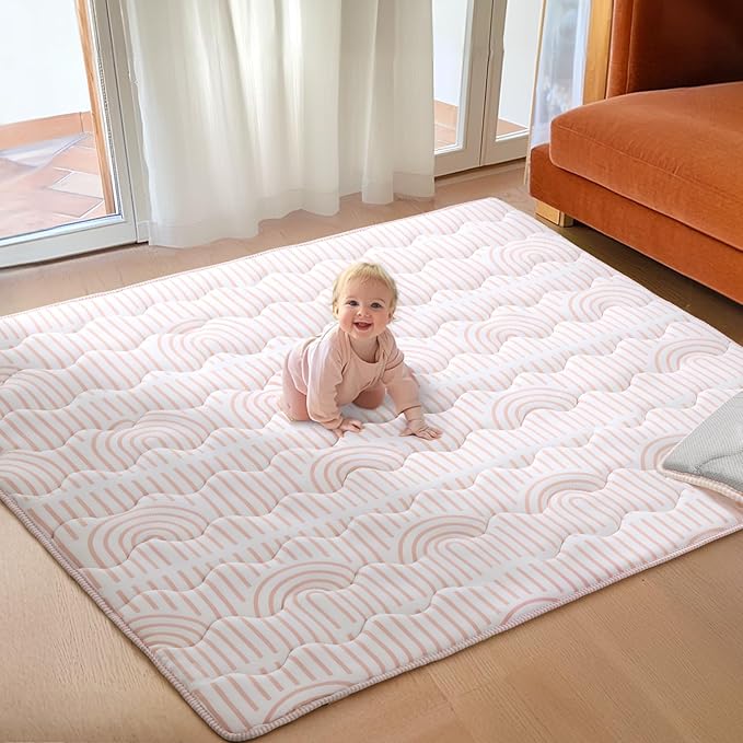 Mallify Soft Thicker Baby Mat for Floor 71"x59", Extra Large Baby Play Mat, Non-Slip Playpen Mat, Easy to Clean & Portable Playmat, Crawling Mat for Babies Toddlers, Activity Mat, Rainbow, Pink