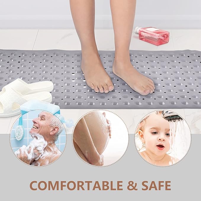 Sheepping Baby Bath Mat for Tub Non Slip Extra Long Cover Bathtub Mat with 200 Big Suction Cups for Toddler Infant Kids 40 X 16 Inch - Eco Friendly ,Machine Washable Shower Mat (Grey)