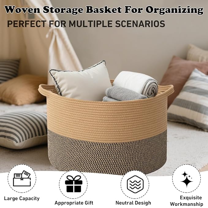 Large Storage Basket with Handle,19.7" L x 19.7" W x 13" H Blanket Basket Storage Bins for Organizing,65L Cotton Rope Woven Baskets for Living Room, Nursery,Bedroom,Jute&Black