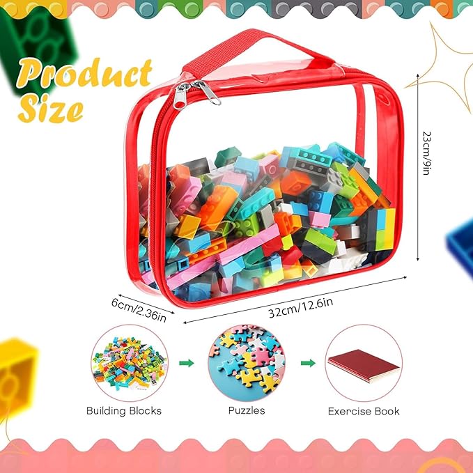 Sanwuta 3 Packs Toy Storage Bags with Zipper, Clear PVC Organizing Waterproof Toy Bags for Board Games, Building Blocks, and Kids Books(12.6 x 9 x 2.36 Inch,Red, Blue, Yellow)