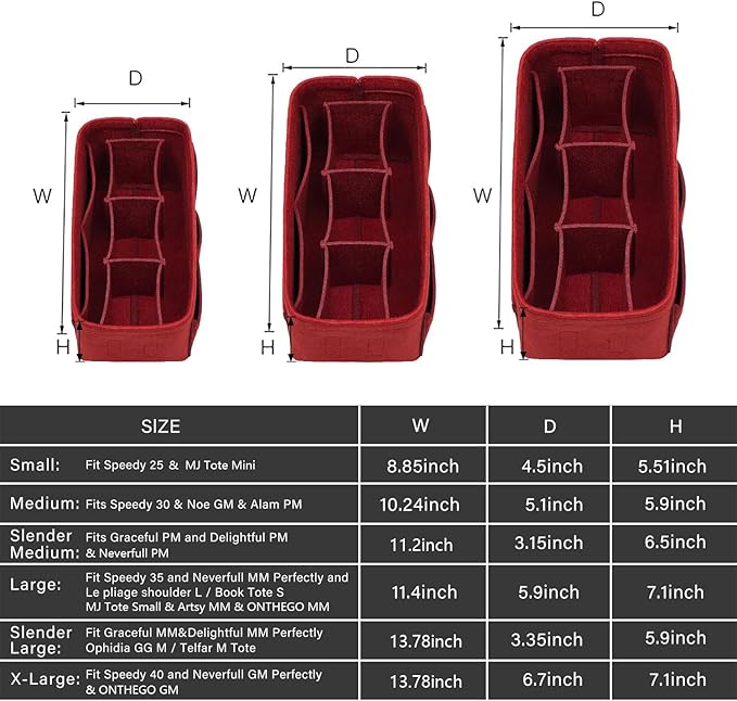 ZTUJO Purse Organizer Insert, Felt Bag Organizer For Handbag, 13 Colors, 6 Sizes (Slender Medium, Red)