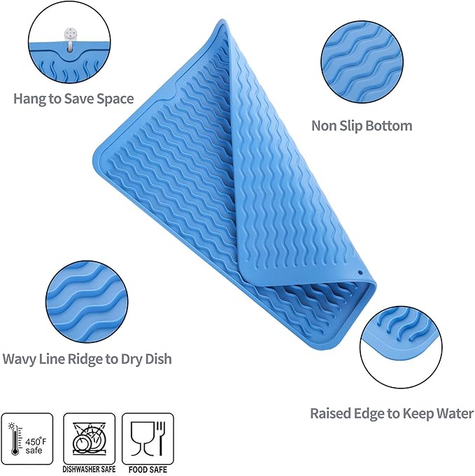MicoYang Silicone Dish Drying Mat for Multiple Usage,Easy clean,Eco-friendly,Heat-resistant Silicone Mat for Kitchen Counter or Sink,Refrigerator or Drawer liner Lichen BlueL M 12 inches x 12 inches