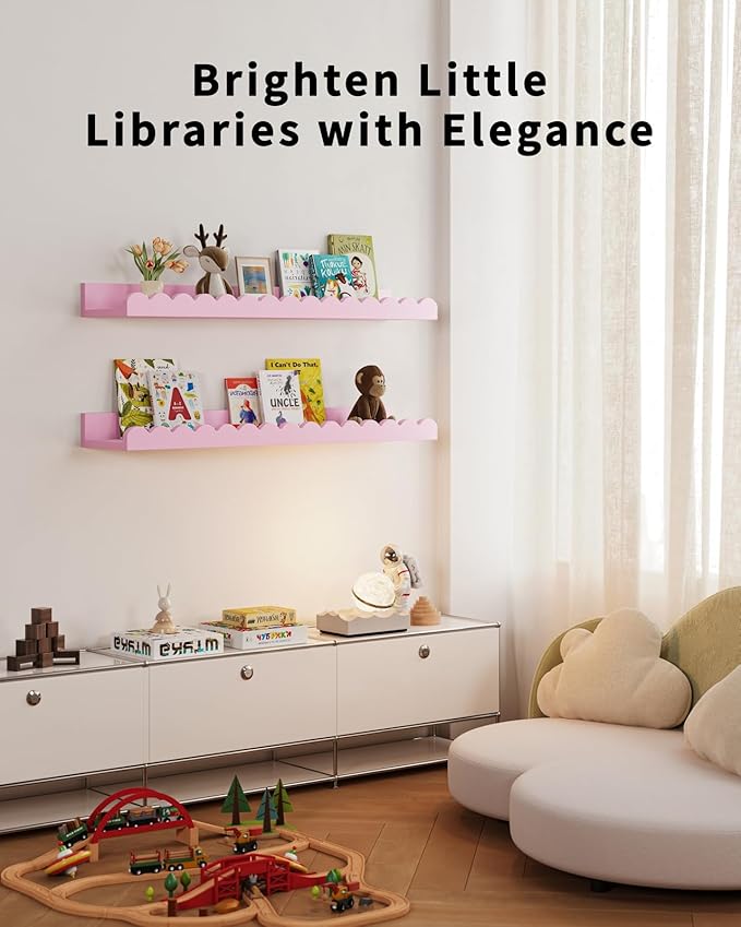 Shario Nursery Book Shelves, 4-Pack White Floating Shelves for Wall Kids, Scalloped Shelves, Wall Book Shelves for Bedroom Kids, Toddler Room, Baby Room, Nursery Decor(Pink, 23 Inches)